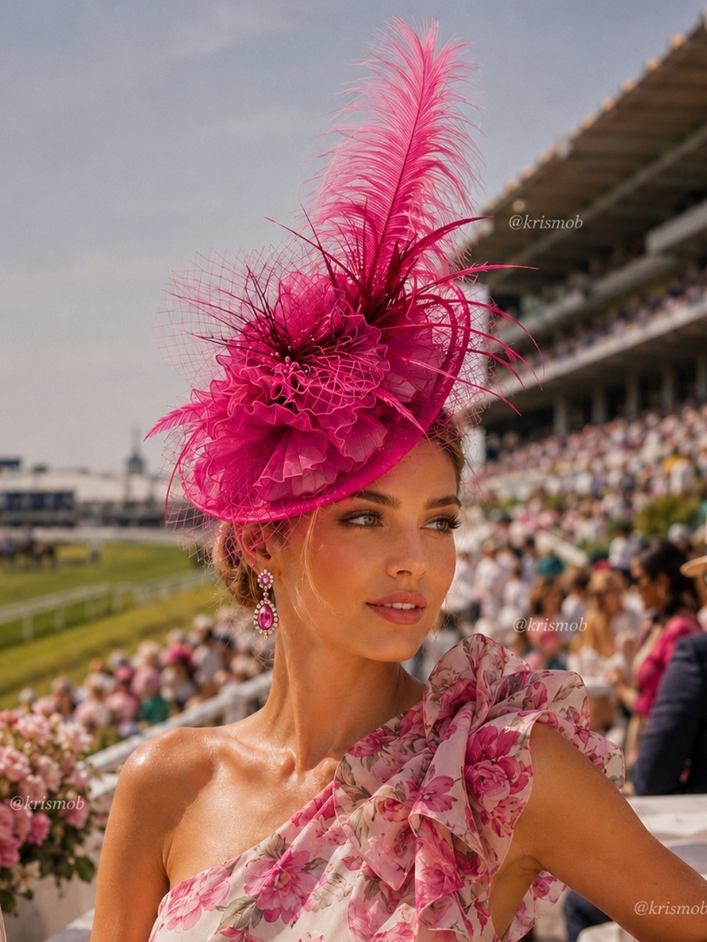 Kentucky Derby Hat KY Oaks Fascinator Hot Pink Organza Feather Floral Statement